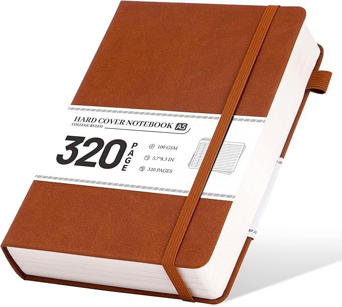 CAGIE Lined Journal Notebook for Men Women 320 Pages Leather Journals for Writing A5 Thick Hardcover Journaling Notebooks for Work Note Taking Diary, 5.7x8.3 in, Brown