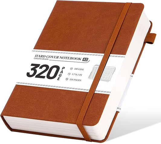 CAGIE Lined Journal Notebook for Men Women 320 Pages Leather Journals for Writing A5 Thick Hardcover Journaling Notebooks for Work Note Taking Diary, 5.7x8.3 in, Brown