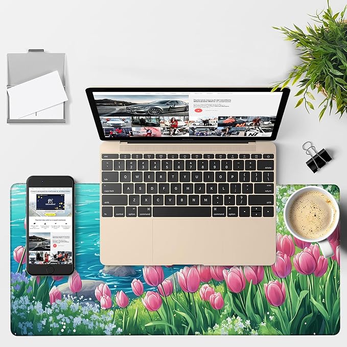 Large Mouse Pad Blooming Tulips Gaming Desk Pad Computer Keyboard Non-Slip Waterproof Mouse Mat with Rubber Base and Stitched Edges Entertainment Office Writing Desk Mat 35.4 x 15.7 Inches