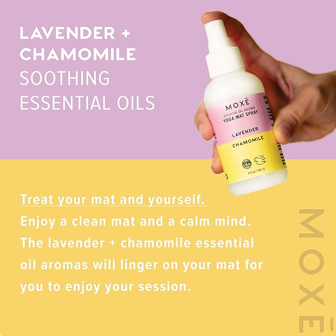 MOXE Yoga Mat Cleaner Spray, Lavender & Chamomile Essential Oil, Safe for All Mats & Exercise Equipment, Odor & Sweat Protection, Includes Microfiber Cleaning Towel, 4 Oz (2 Pack)