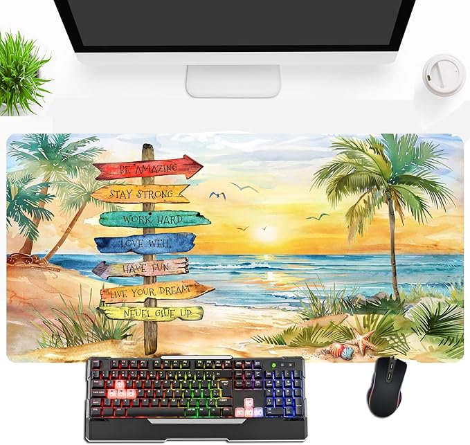 Summer Beach View Mouse Pad Desk Mat Seaside Path Gaming Mouse Pad Anime Desk Pad Mousepad XXL Extended Keyboard Mat, Computer Laptop Mouse Mat for Work, Game, Office, Home, Waterproof, 31.5 x 15.7 in