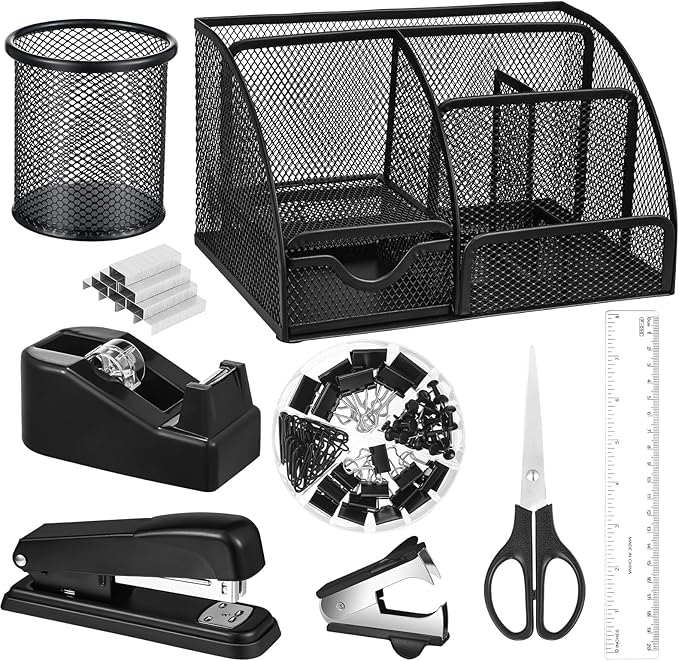 Black Desk Organizer and Accessories, Black Desk Asccessories Office Supply Kit Include Mesh Desktop Organizer Stapler 1000 Staples Tape Dispenser Pen Holder Staple Remover Clips Ruler Scissors