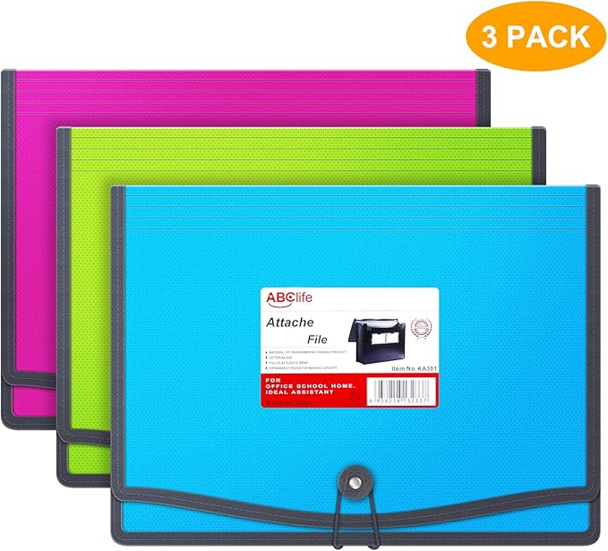 ABC life 3 Pack Expanding File Folder Organizer Poly Pockets A4/Letter Size, Plastic Expandable File Wallet/Colorful Document Folder with Elastic Closure, Premium Accordion File Pouch, 2 Card Holder