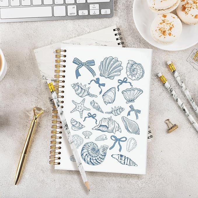 Blue Bow Cute Beachy Notebook for Girls Women, Beach School Supplies, Blue Coquette Beach Seashell Spiral Notepad A5, Ocean Vibes Writing Journal for Teens 5.5x8.3
