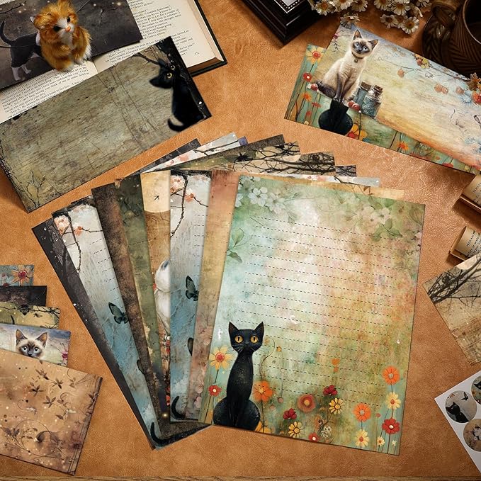 TaoBary 160 Pcs Stationery Paper Set 50 Double Sided Stationery Papers with 50 Matching Envelopes and 60 Round Dot Sticker, 10 Design(Kitten,8.5 x 11 Inch)