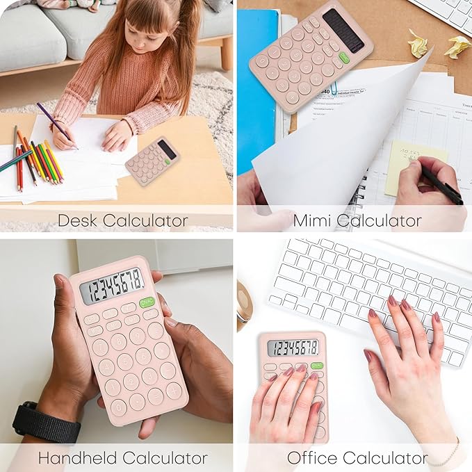 Cute Calculator, Basic Four Function for Teachers Students Basics Office, Small Handheld Calculators, 8 Digit with LCD Display, Sensitive Button, 5.5×3.2 inches Pink