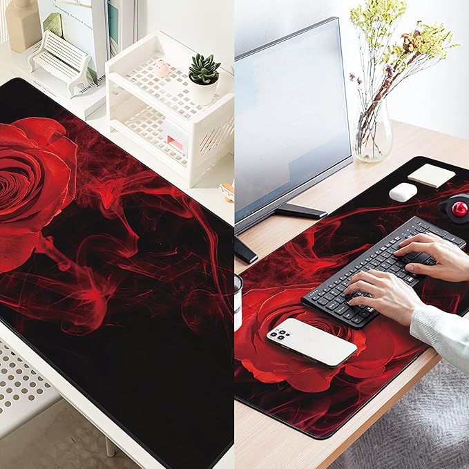 Large Extended Mouse Pad Red Smoke Rose Desk Mat,Large Gaming Mouse Pad,Big Desk Pad with Thick Stitched Edges Suit for Home Office or Gaming 35.4x15.7 Inch