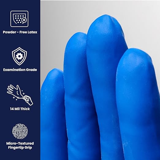 Adenna HERO Disposable Latex Gloves - 14 Mil, NFPA-Approved Heavy Duty Glove with 12" Extended Cuff & Micro-Textured Grip, Exam Grade, Powder Free, Pack of 50, Large, Blue
