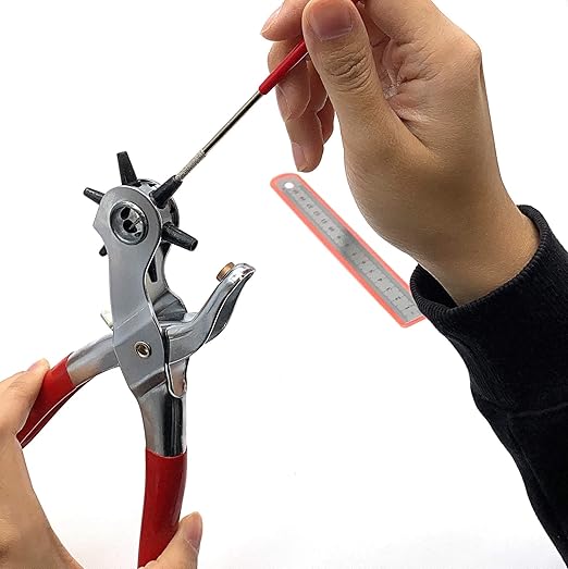 Adorox Heavy Duty Belt Hole Puncher for Leather – 6 Size Revolving Leather Hole Punch Tool with Ruler & Deburring File, Perfect for Belts, Straps, DIY Leathercraft, and Repair