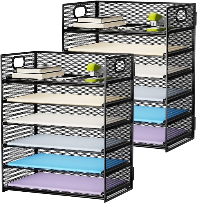 Marbrasse 2 Pack Desk Organizer with Handle, 6 Tier Paper Letter Tray, Mesh Desk File Organizer for Office, School and Home