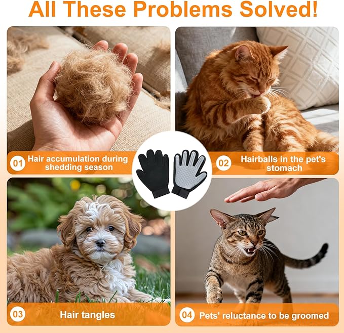 ZQJKLE Cat & Dog Grooming Gloves for Shedding Brushes 1 Pair and Pet Grooming Rake 1PC, Double Sided Dematting, Deshedding Brush & Massage, Safe for Dogs & Cats