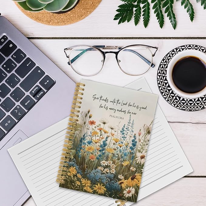 XPH Floral Christian Spiral Notebook, Bible Verse Psalm 136:1 Journaling Notebooks for Note Taking, Religious Hardcover Journal for Writing 160 Pages 5.5 x 8.3 Inch, Christian Gifts for Women