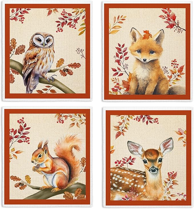 Fall Animal Swedish Dishcloths for Kitchen Cloths Towels, Cute Deer Fox Owl Squirrel Autumn Farm House Gifts 4 Pack Dish Cloths for Kitchen, Papaya Reusable Cleaning Paper Towels Washable