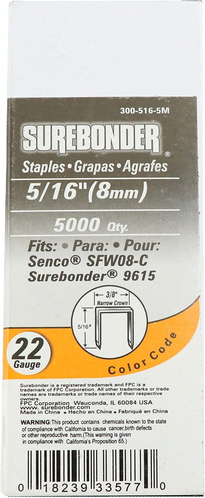 300-516-5M Narrow Crown 22 Gauge Upholstery Staples - 5/16" Length - 5000 Count