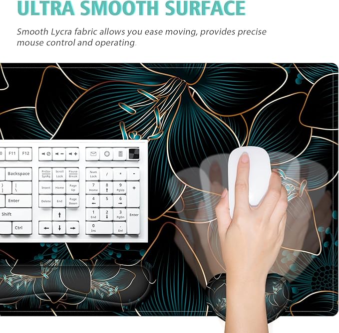 Keyboard Mouse Pad Set,Large Gaming Mouse Pad+Keyboard Wrist Rest+Wrist Rest+Coaster,Computer Desk pad Set Wrist Support for Office Desktop Laptop. (35.4" x 15.7") Extended Desk Mat (Floral)