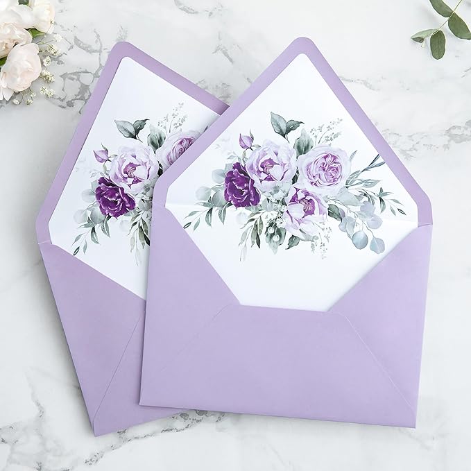 PONATIA 50PCS A7 Euro Flap Envelopes, 5.25 x 7.25'' Lilac Flowers Liner Envelopes for 5x7 Weddings Invitations, Photos, Postcards, Greeting Cards, Christmas Gift Cards, Acrylic Mailing