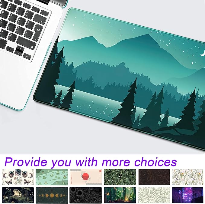 Aesthetics Sunset Mountains Green Desk Mat Mousepad, XL Large Gaming Mouse Pad, Cute Anime Moon Desk Pad Mouse Mat Girl Women Office Desk Decor Laptop Keyboard Mat with Stitched Edges 31.5''x11.8''