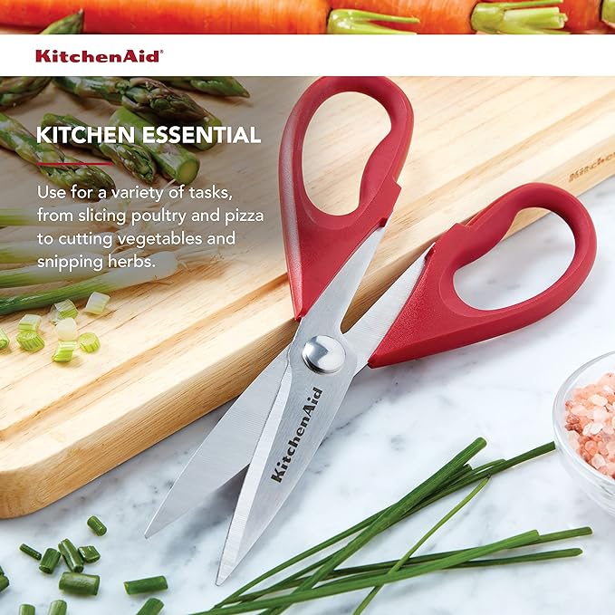 KitchenAid All Purpose Kitchen Shears with Protective Sheath Durable Stainless Steel Scissors, Dishwasher Safe, Soft Grip Comfort Handle, 8.72 Inch, Red