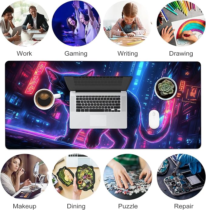 Desk Pad, Neon Cat Prowling Cyberpunk Cityscape XL Gaming Mouse Pad with Stitched Edges,Non-Slip Waterproof Rubber Base Large Desk Mat for Keyboard and Mouse 31.5"x11.8"