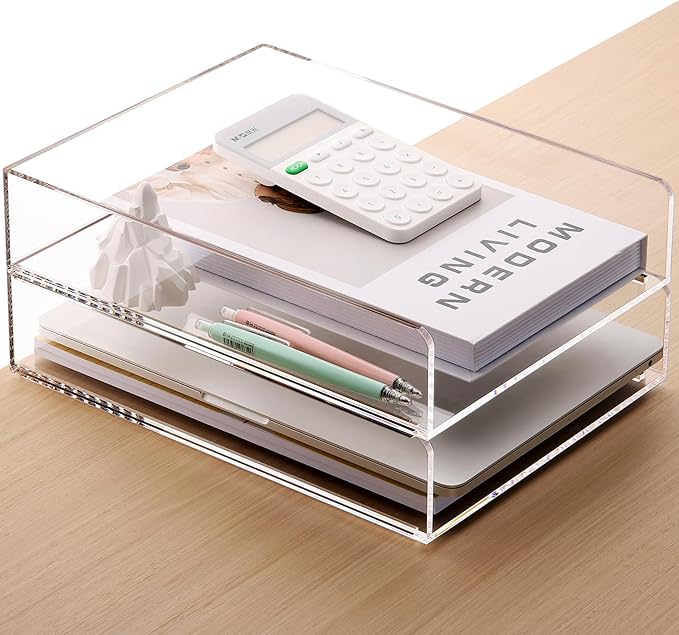 SANRUI Paper Organizer for Desk,Acrylic Stackable Letter Tray, Clear Desk Organizer, Paper Sorter for Office,Home or School,2-Pack