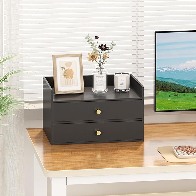 Bamboo Desk Organizer with Drawers Wooden Desktop Storage Drawers for Bills Office Supplies Kitchen Utensils Organizing Tool for Home Classroom Organization No Assembly (2 Drawers, Black)