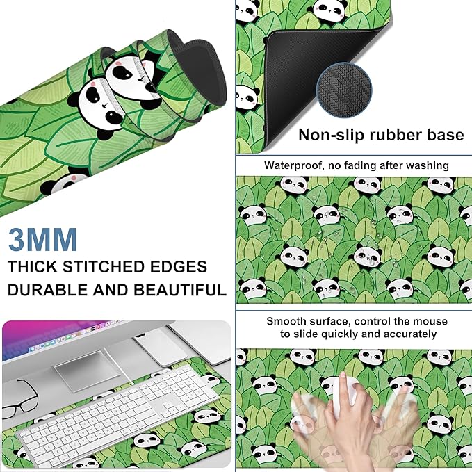 Panda and Leaves Gaming Mouse Pad 3mm Thick Stitched Edge Waterproof Non-Slip Large Computer Keyboard Mouse Mat,Suitable for Office Entertainment Decorative Desk Pad 35.4 x 15.7 Inches