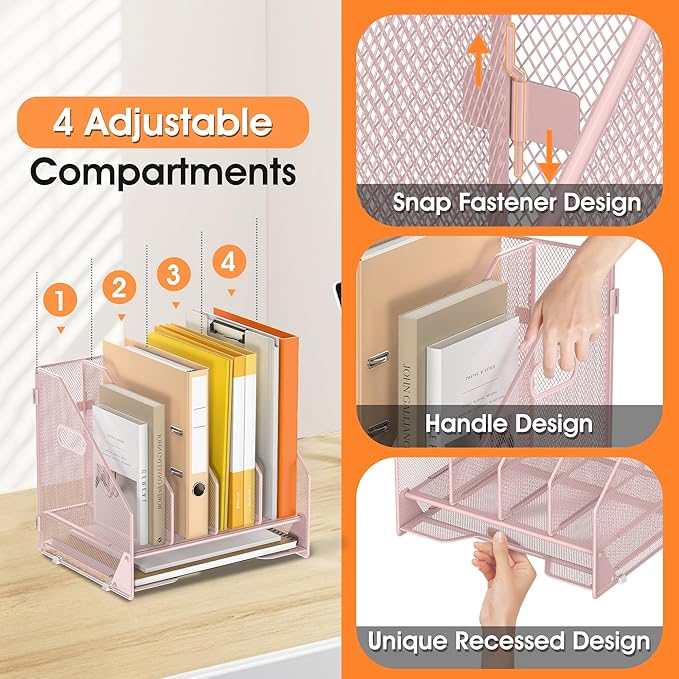 Desk File Folder Holder Organizer-4 Vertical Compartments Racks and Paper Letter Tray,Mesh Magazine File Holder Sorter,Desktop Accessories & Workspace Organizers for Home,Office,School-Pink