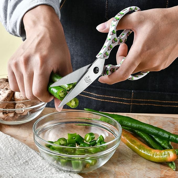 Linoroso Kitchen Scissors Heavy Duty Kitchen Shears with Magnetic Holder Made with Japanese Steel 4034, Multipurpose Ultra Sharp Cooking Scissors for Meat/Vegetables/BBQ/Herbs/Pizza (Graphic,Chili)