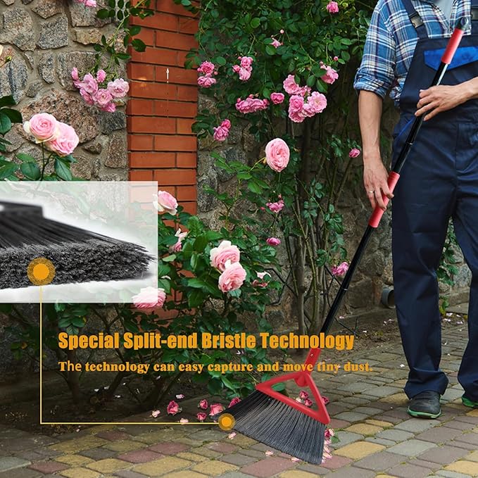 PUTNATRUE Heavy Duty Broom Outdoor and Indoor, 2 Pack Upgraded Commercial Angle Brooms, Perfect Red Broom of House, Kitchen, Garage, Courtyard