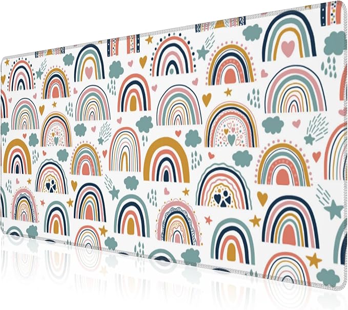 Mouse Pad, Large Boho Rainbow Desk Mat, Extended Non-Slip Gaming Keyboard Mousepad Desk Pad, Thick Stitched Edges Waterproof Mouse Mat 31.5"x15.7" (Scandi Rainbow and Stars Clouds)