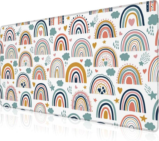 Mouse Pad, Large Boho Rainbow Desk Mat, Extended Non-Slip Gaming Keyboard Mousepad Desk Pad, Thick Stitched Edges Waterproof Mouse Mat 31.5"x15.7" (Scandi Rainbow and Stars Clouds)