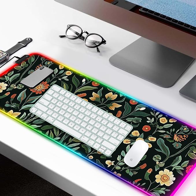 RGB Floral Gaming Desk Mat, Computer Keyboard Large Extended Long Flower Plants LED Mouse Pad for Office and Home, XL (W19)
