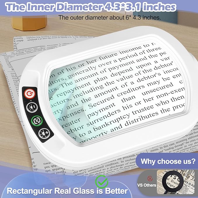 Drdefi 10X Square Magnifying Glass with Light and Stand, Real Glass LED Lighted Magnifier, 5 Color Modes Stepless Dimmable, Hands-Free Mag Desk Lamp with Clamp for Reading Craft Hobby Close Work White