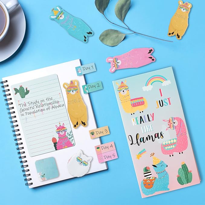 Xqumoi I Just Really Like Llamas Sticky Notes Set, 550 Sheets, Cute Cartoon Alpaca Self-Stick Notes Pads Animal Divider Tabs Bundle Writing Memo Pads Back to School Office Supplies Small Gift
