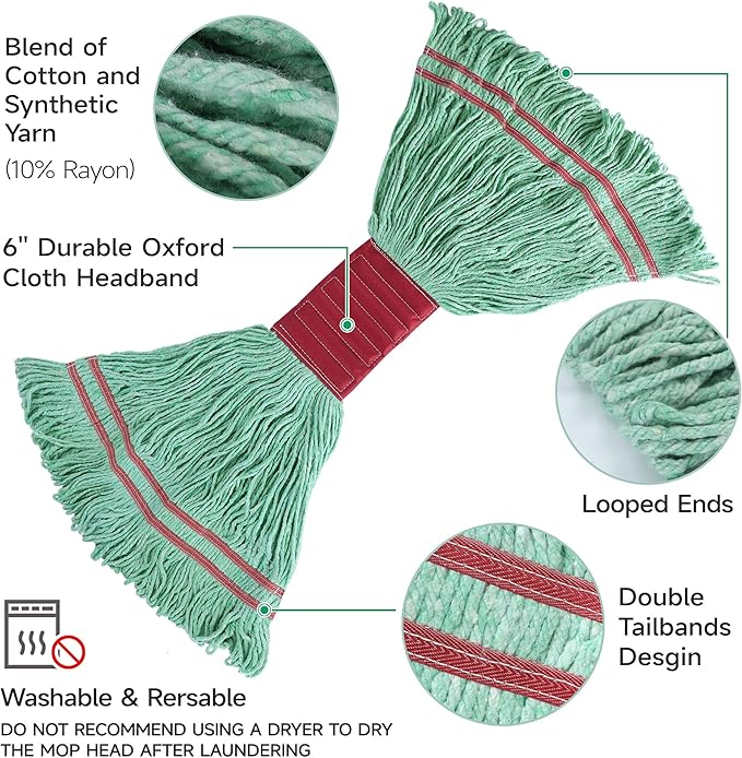 ONESIMUS 30 oz Pack of 6 Cleaning Heavy Duty Industrial Commercial Grade Looped-End Mop Head Replacement,6'' Headband Cotton String Wet Mop Head Refills,Machine Washable Green Mop