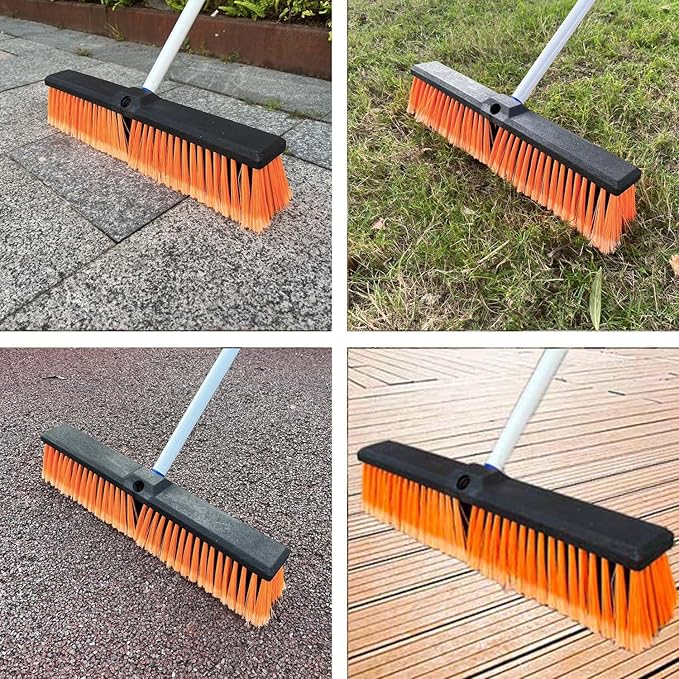 18" Push Broom Outdoor Heavy Duty with Stiff Bristles, Shop Broom with 63" Long Handle, Snow Broom Garage Push Broom for Concrete Wood Scrub Brush for Cleaning Shop Garage Deck Patio Driveway (Orange)