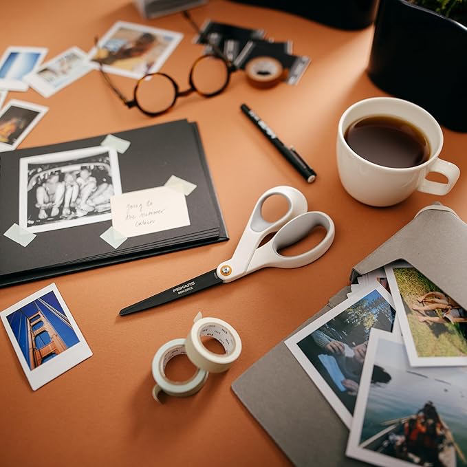 Fiskars 8” Premium Non-Stick Comfort Grip Scissors Ideal for Sticky Materials like Vinyl, Tape, and Glue, with Ergonomic Bent Handles for Precise Tabletop Cutting