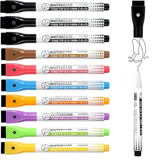 Dry Erase Markers Fine Tip,0.5mm Ultra Fine Dry Erase Markers,10 Colors Whiteboard Markers with Magnetic Eraser,Small Font Writing for Calendar Notebook Note Padg (Multicolor)