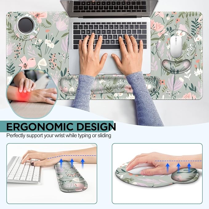 AIMSA Keyboard Mouse Pad Set, Extended Mouse Pad, Keyboard Wrist Rest Support, Memory Foam Ergonomic Desk Pad Set for Home Office Study Game, Pink White Flowers Plants