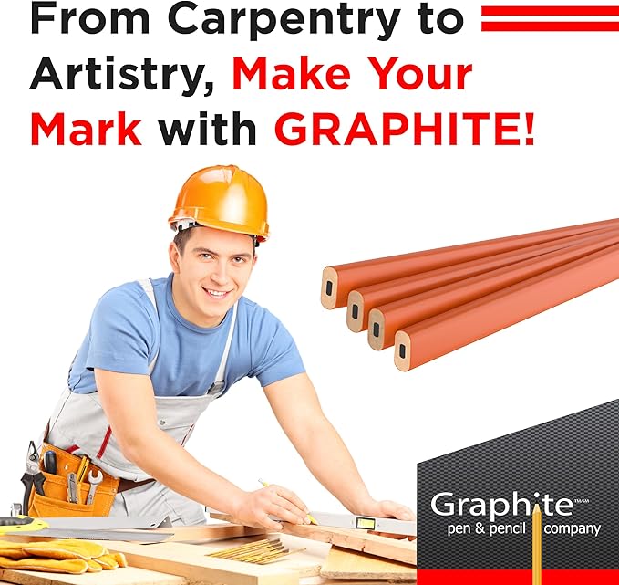 GRAPHITE Hard Lead Carpenter Pencils Bulk - (1) Pack of 12 Pieces Lumber Wooden Pencil #2 (HB) - Neon Orange