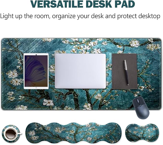 Upgraded Extended Gaming Mouse Pad, Keyboard Wrist Rest Pad, Wrist Support Mousepad Set, Artso Large Stable Rubber Base Stitched Edges, Multifunctional Desk Pad 35 x15.5 in, Blue Van Gogh Painting