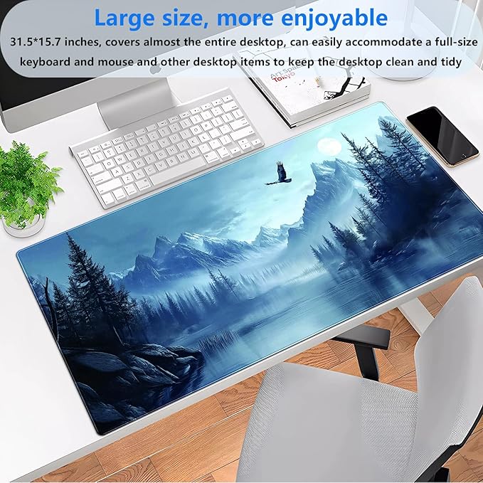 Eagle Mouse Pad Forest Desk Mat XXL Large Gaming Mousepad Winter Snow Mountain Scenery Aesthetics Computer Mat Keyboard and Mouse Pad Office Desk Decor 31.5 x 15.7 in