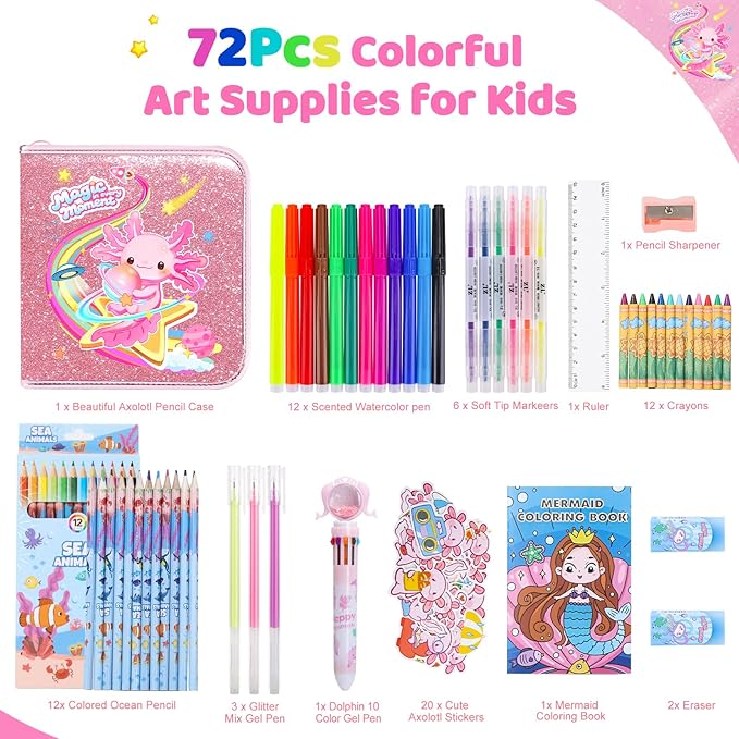 72PCS Fruit Scented Markers Set - Art Coloring Drawing Kits for Kids with Axolotl Pencil Case, Art Supplies for Kids Ages 4 6 8,Stationary Set Pencil,Crayon&Markers Stuff,Birthday Gifts Toys for Girls