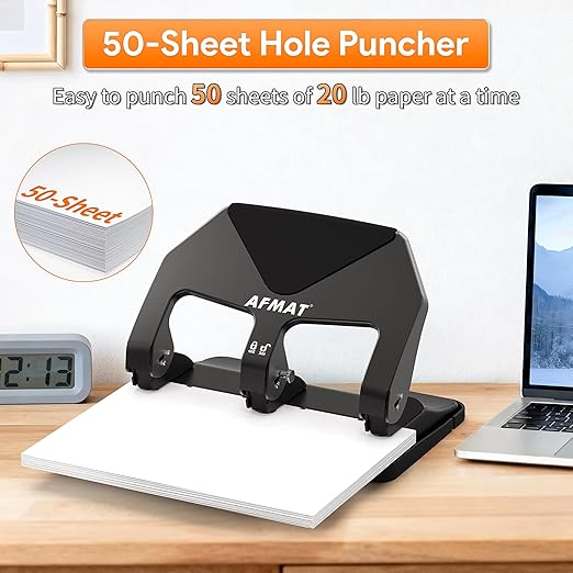 AFMAT HP20 Heavy Duty 3 Hole Punch, 50-Sheet Capacity, 60% Reduced Effort Three Hole Puncher for Binder, 10K+ Uses, Large Chip Tray, Adjustable Paper Guide, Office Metal Paper Puncher 3 Ring, Black
