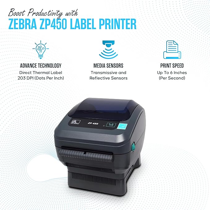 ZP450 Zebra Direct Thermal Label Barcode Printer -1 Year Warranty - with USB 2.0 Cable & 3 Prong Cord - USB, Serial and Parallel Connectivity 203 DPI