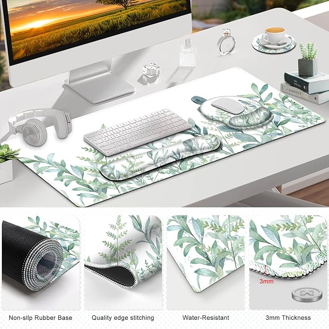 ToLuLu Desk Mat, XXL Large Mouse Pad Wrist Support Set，4 in1 Gaming Mousepad Desk Pad+ Ergonomic Mouse Pad with Wrist Rest + Keyboard Wrist Rest+Coaster for Home Office Computer Table, Green Grass