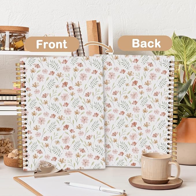 MOFUYU Floral Cute Journal Notebook for Women Girl,Journal Cute,Preppy School Supplies,Floral Hardcover Spiral Notebook A5