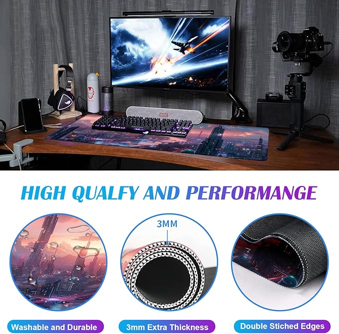 Digital Anime City Night View Office Art Desk Mat, Female Aesthetic Style Oversized Stitched Edge Laptop Keyboard Desk Mat 35.4 x 15.7 x 0.12 Inches