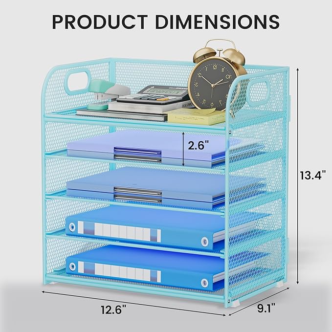 5 Tier Paper Organizer for Desk Organizer with Handle Letter Tray Mesh Paper Sorter Desk Organizer for Office Home Supplies-Blue
