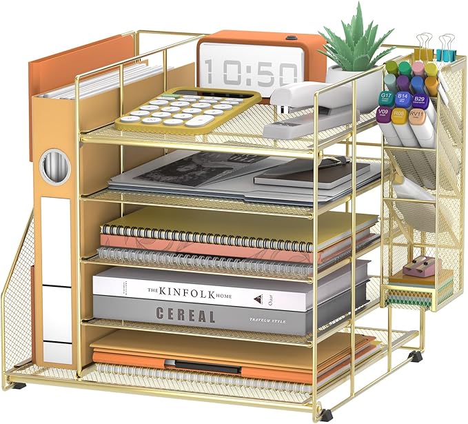Desk Organizer with Magazine Holder, 5-Tier Paper Organizer for Desk with Pen Holder, Paper Letter Tray for Home, Office or School Supplies, Gold
